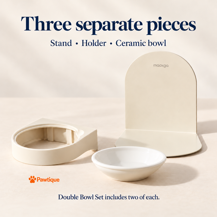 Separate stand, holder and ceramic bowl; Double Bowl Set includes two of each