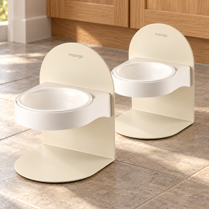 Double set with two separate ivory arched stands, each holding one white bowl, shown on a tiled kitchen floor.