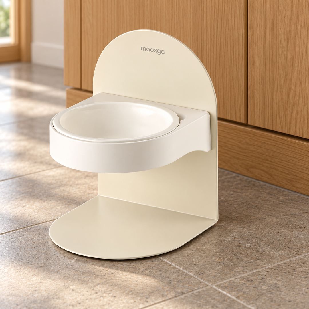 Single ivory arched stand with one white bowl in its holder, shown on a tiled kitchen floor.