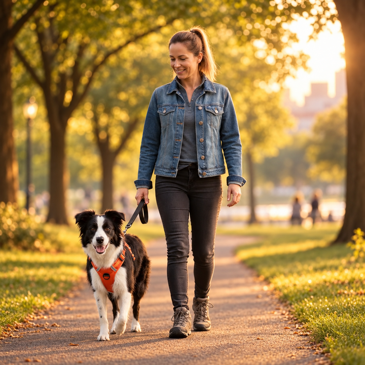 Dog wearing Pawtique FlexGuard harness during a park walk