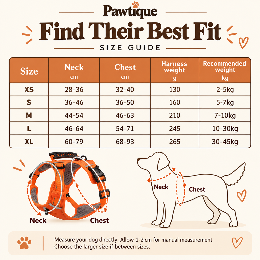 Pawtique FlexGuard dog harness size guide XS through XL