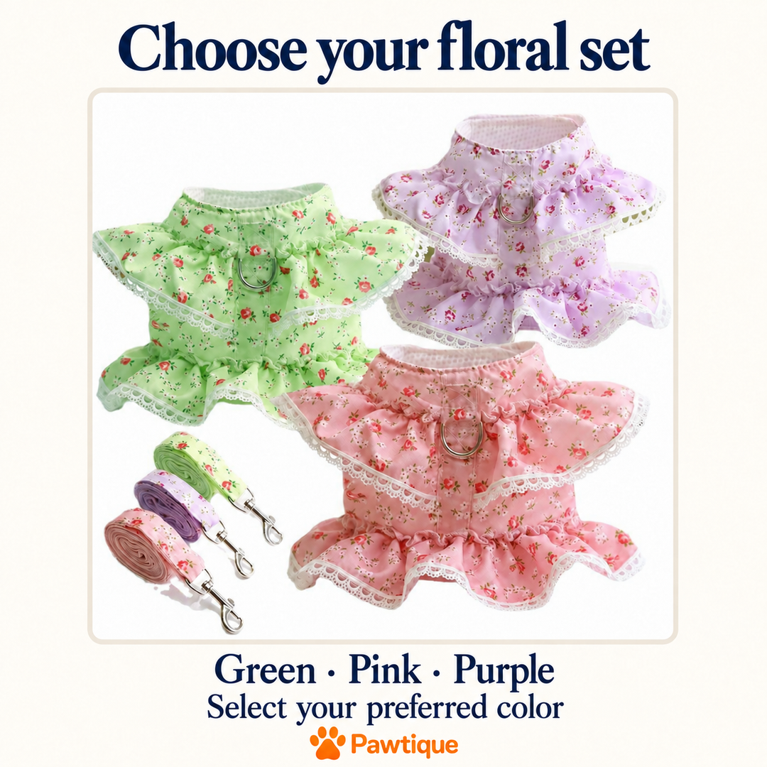 Green, Pink and Purple floral ruffle harness and coordinating leash color options