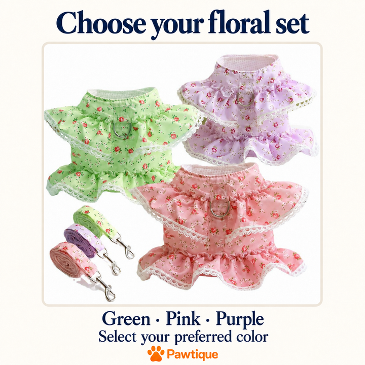 Green, Pink and Purple floral ruffle harness and coordinating leash color options