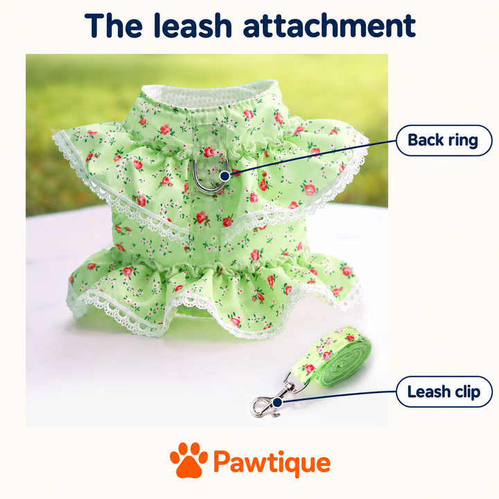 Green floral ruffle harness photograph identifying the back ring and matching leash clip