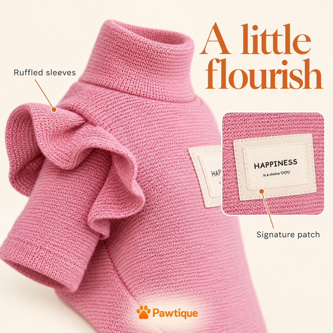 Pink ruffled sleeve and HAPPINESS patch close-up