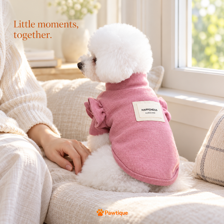 Dog wearing Pink Flower Sleeve sweater beside owner