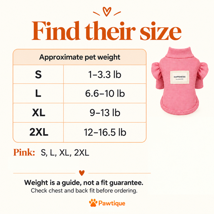 Pink sweater approximate pet weight guide S1–3.3lb L6.6–10lb XL9–13lb 2XL12–16.5lb; weight not fit guarantee