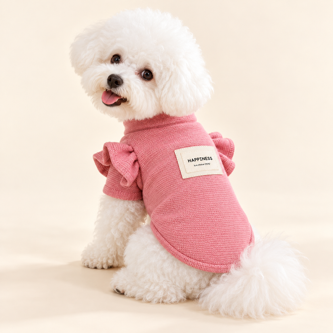 Dog wearing Pink Flower Sleeve sweater with original HAPPINESS patch