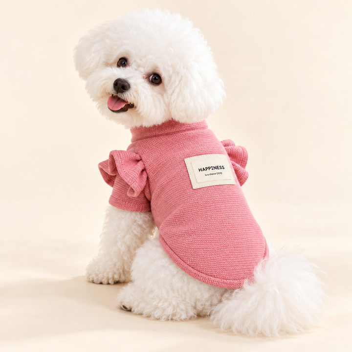 Dog wearing Pink Flower Sleeve sweater with original HAPPINESS patch