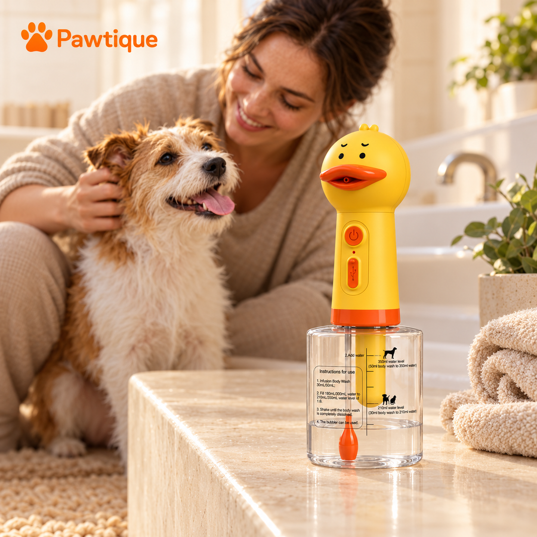 Classic Duck foamer ready beside a caregiver and dog before a bath