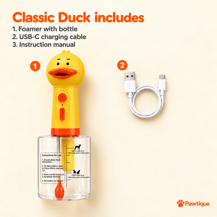 Classic Duck foamer, USB-C charging cable and included-items list