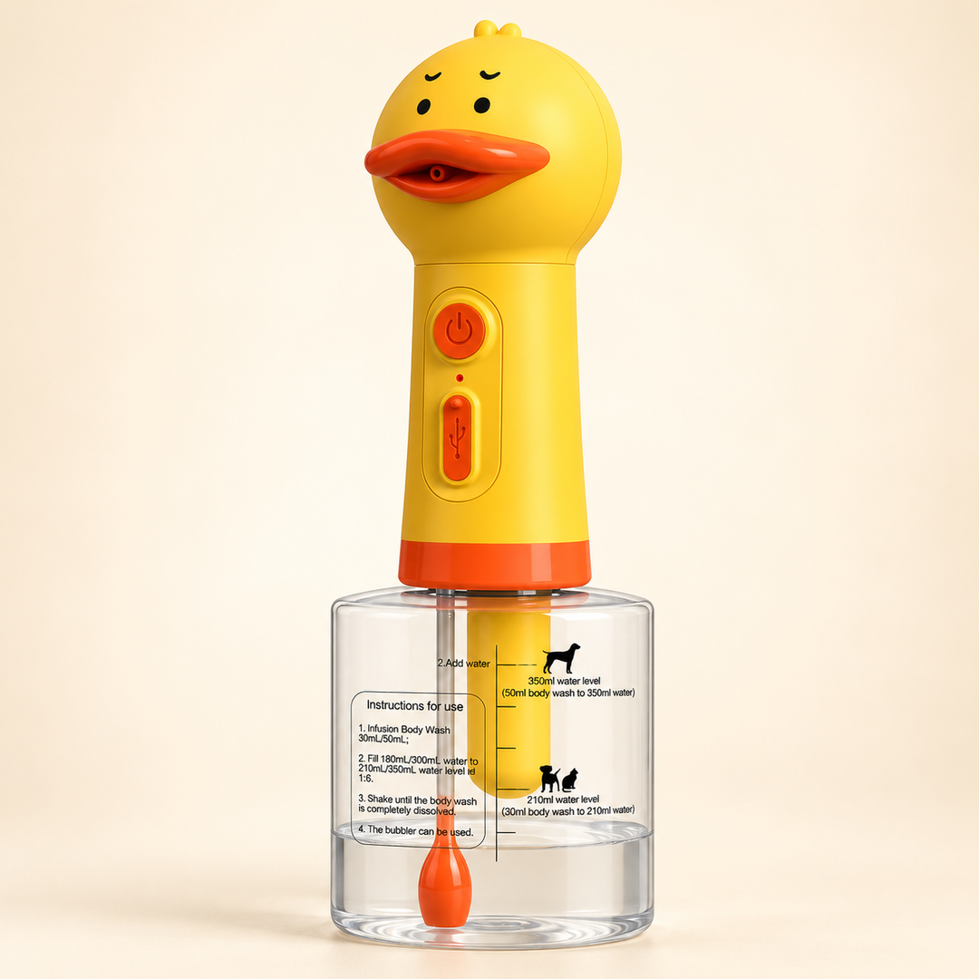 Pawtique FoamMate Classic Duck yellow pet bath foamer on a warm cream background