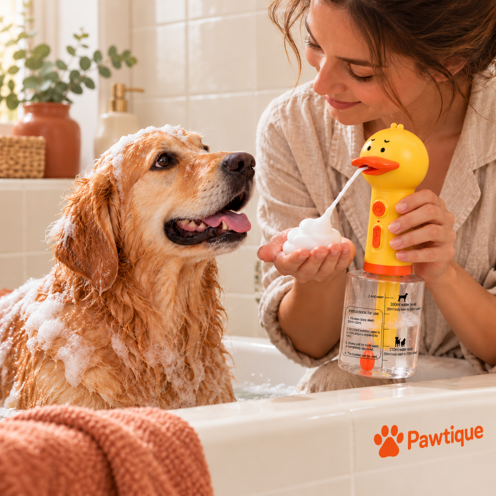 Classic Duck foamer dispensing shampoo foam into a caregiver's palm during a dog bath
