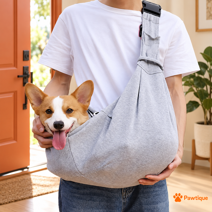 Grey foldable pet sling carried with a hand supporting its base in a home entryway