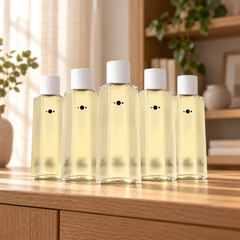 FreshMist Reed refill set with five closed pale-yellow bottles and no atomizer displayed on a wooden home cabinet