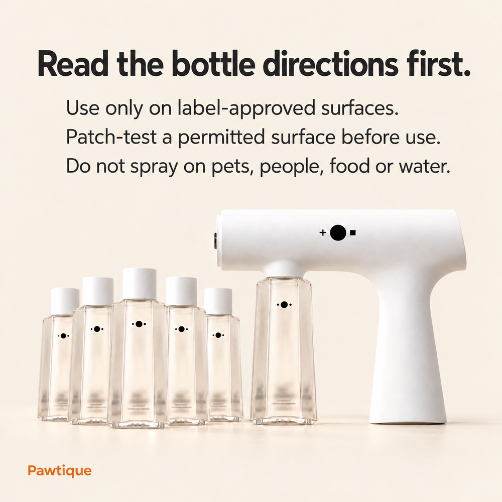 FreshMist starter set with label-directed use guidance: read bottle directions, use only permitted surfaces and do not spray on pets, people, food or water