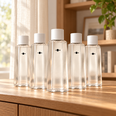 FreshMist Chamomile refill set with five closed clear-liquid bottles and no atomizer displayed on a wooden home cabinet
