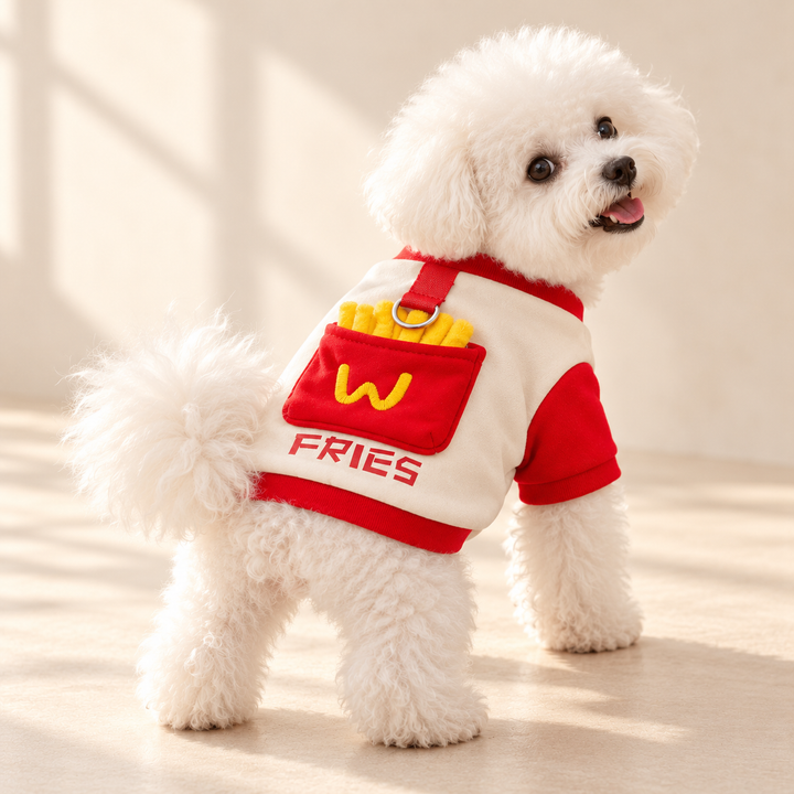 AI-styled dog model wearing cream and red French Fries sweatshirt, original W and FRIES motif