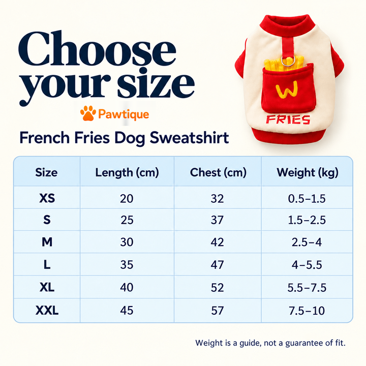 Existing French Fries sweatshirt size guide XS to XXL