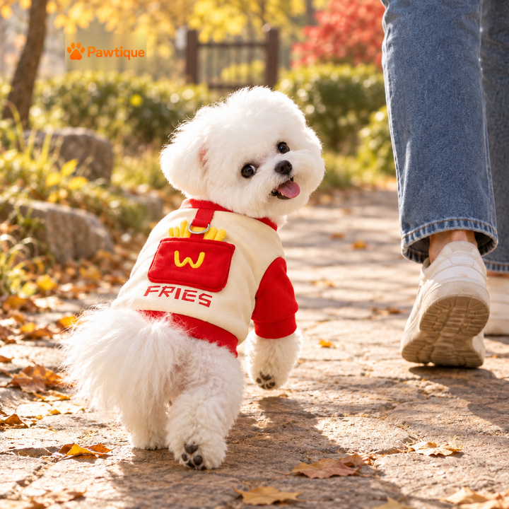 Dog in French Fries sweatshirt outdoors beside owner