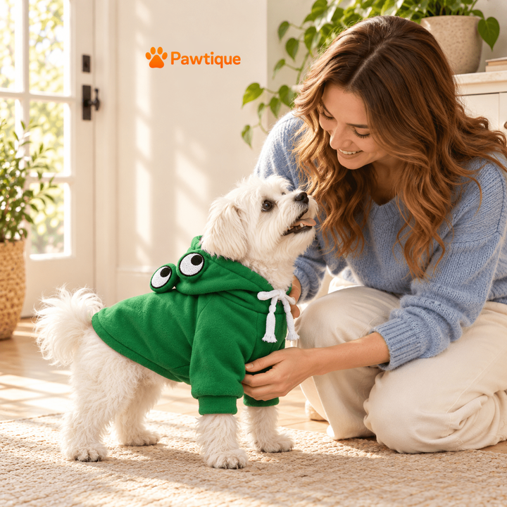 Owner sharing a moment with a small dog wearing the FrogHop green hoodie.