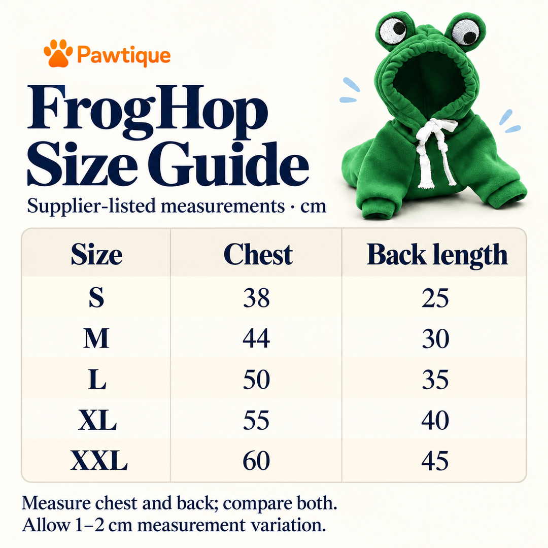 FrogHop supplier-listed size guide in cm: S chest38 back25; M44/30; L50/35; XL55/40; XXL60/45. Allow 1–2 cm measurement variation.