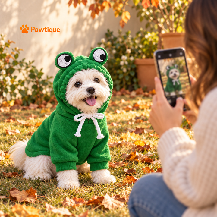 Small dog wearing the FrogHop hoodie during an outdoor photo moment.