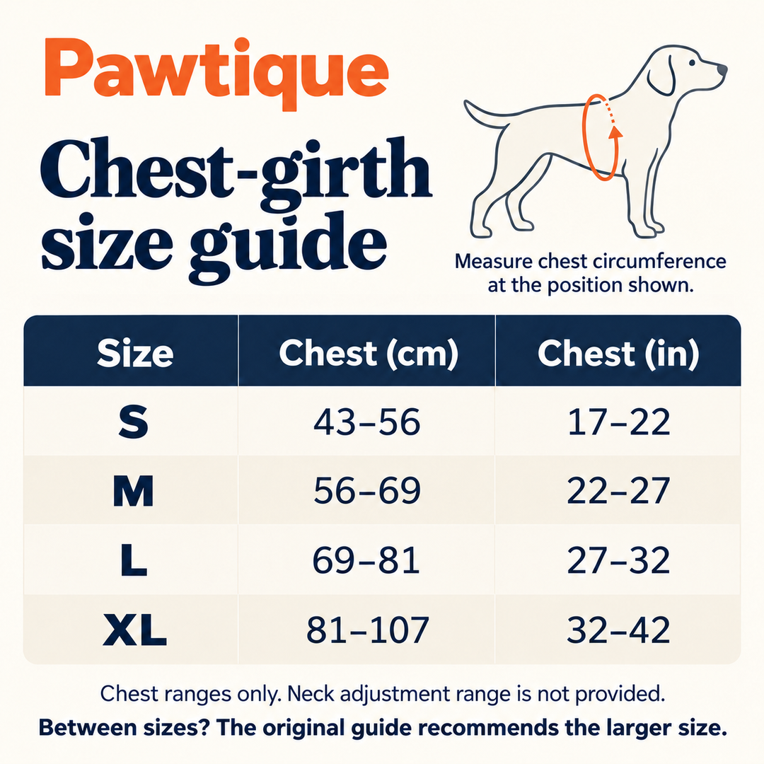 Pawtique front-clip adjustable dog harness – size guide
