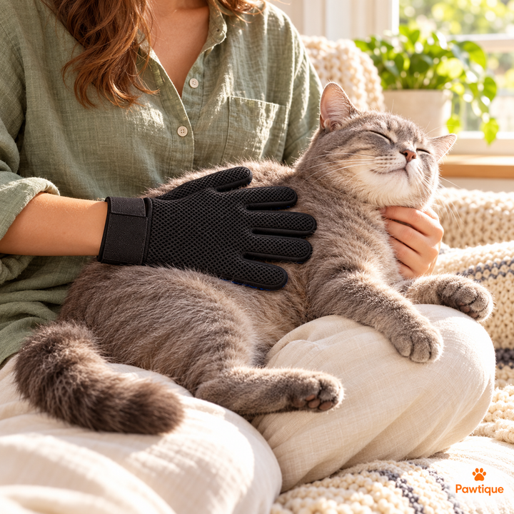 Cat lap grooming with black mesh back facing outward