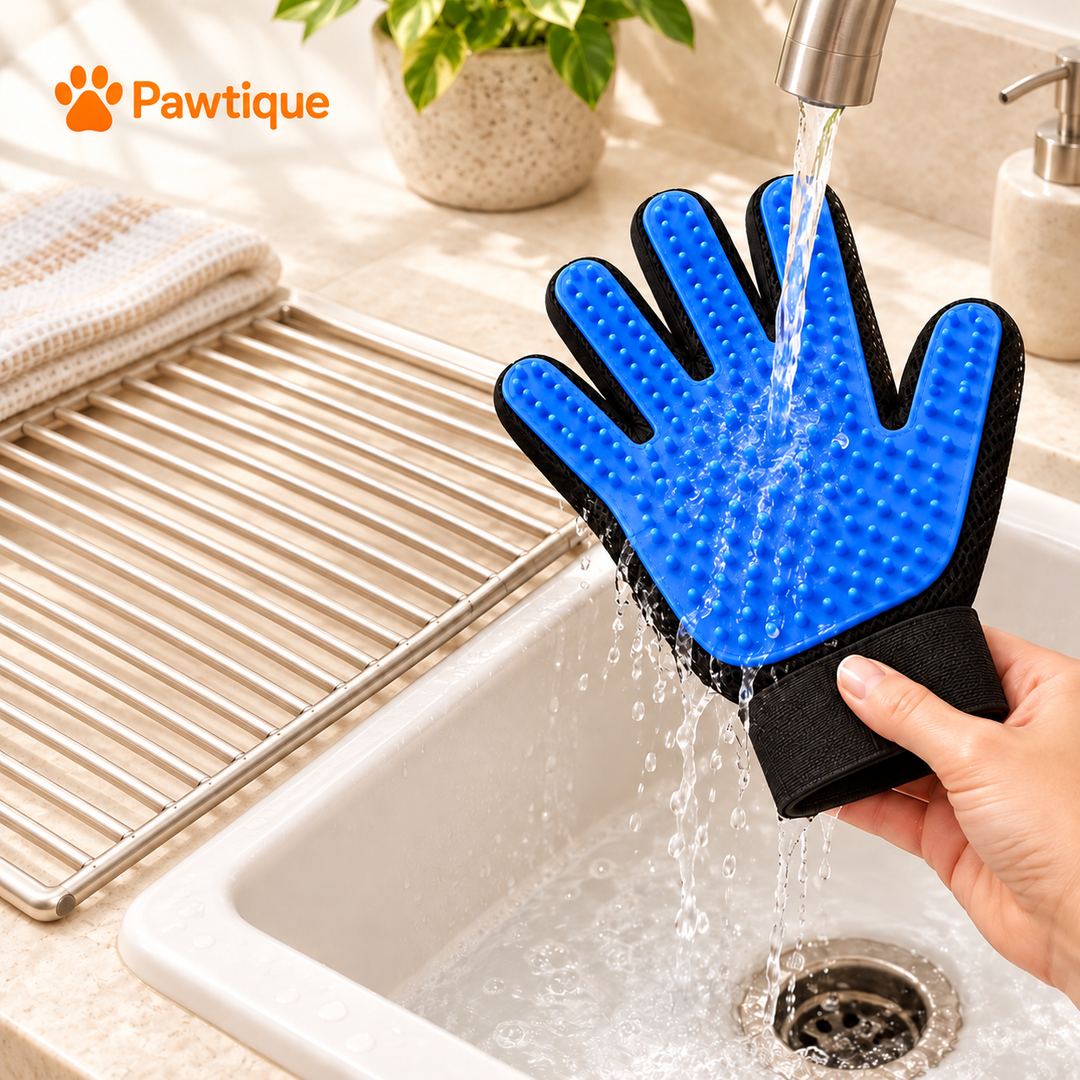 Rinsing a grooming glove silicone palm