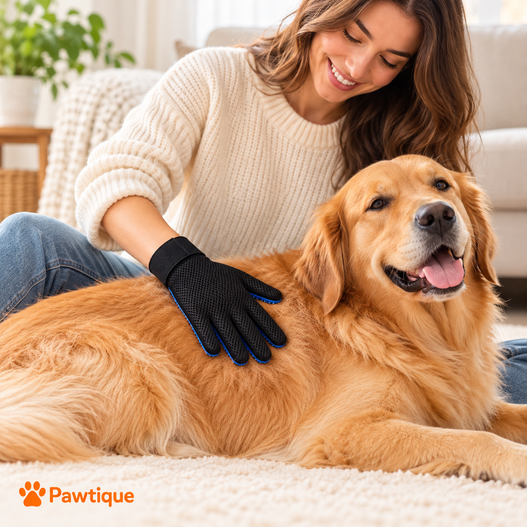 Dog grooming with silicone palm against coat and black mesh back outward