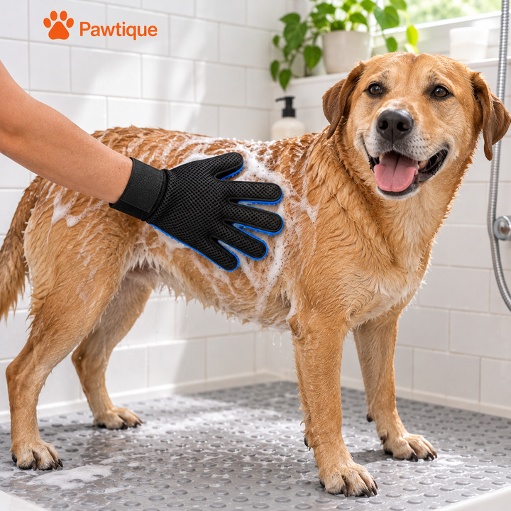 Wet-coat grooming with black mesh glove back facing outward