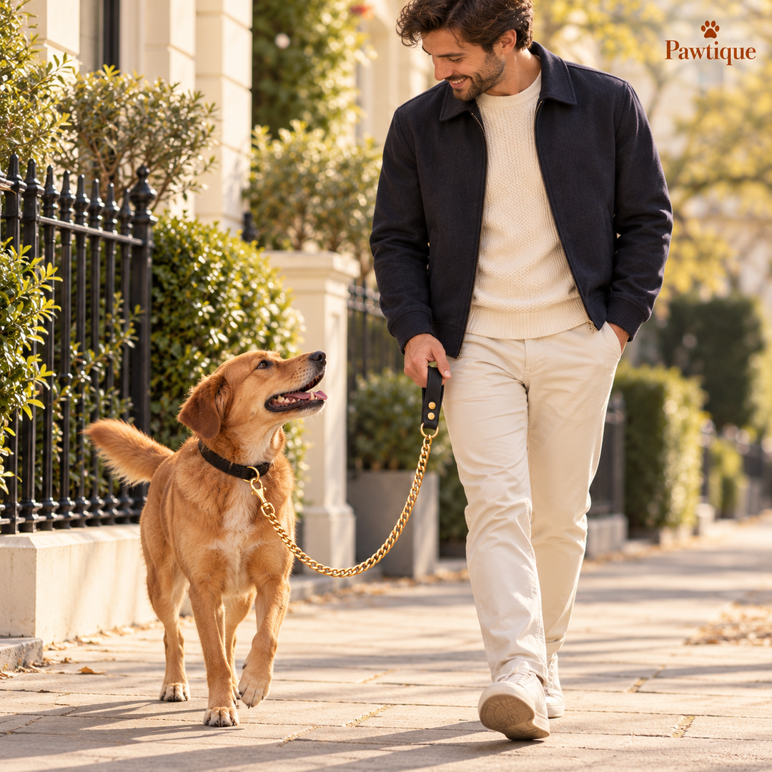Owner and dog walking side by side with the gold chain leash