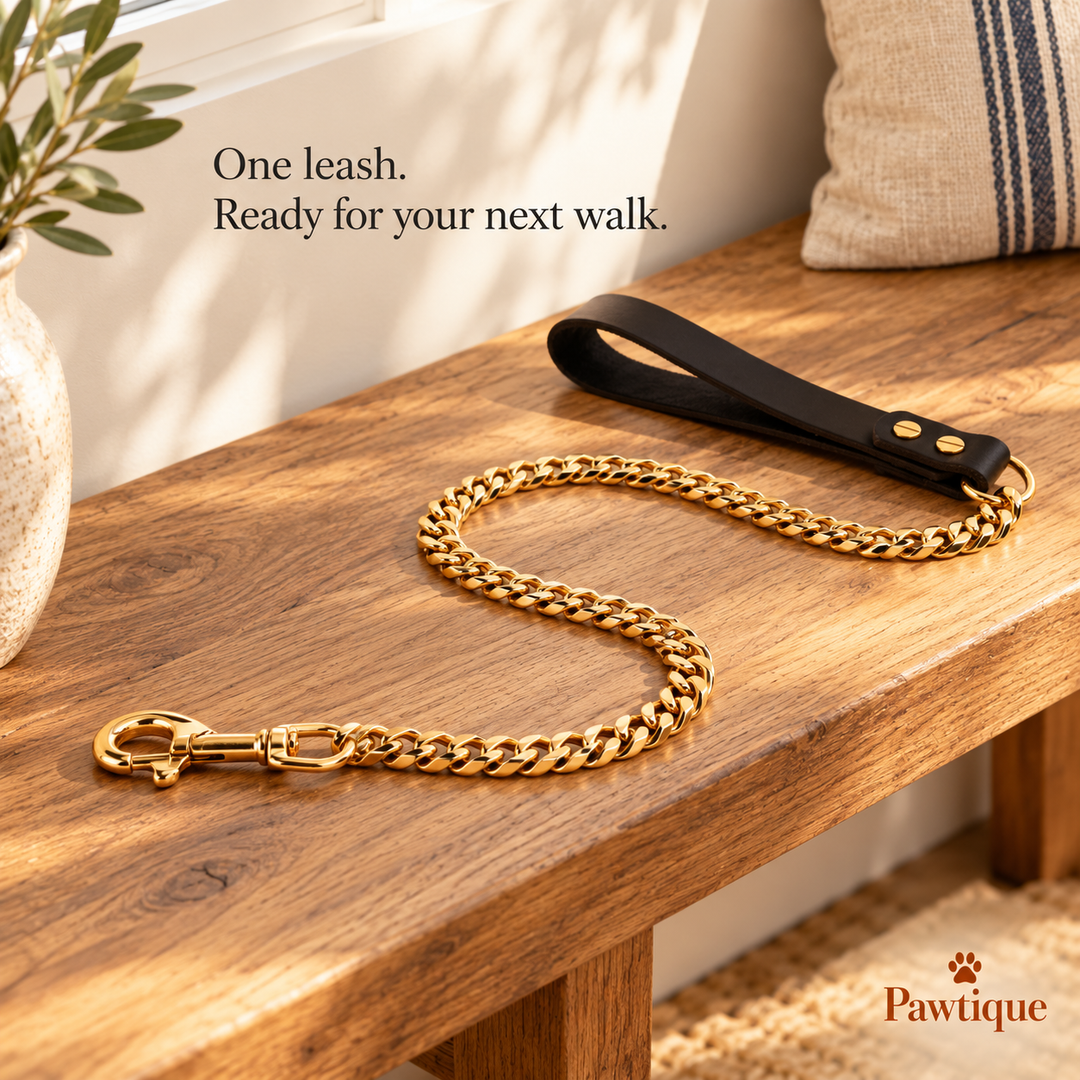 One gold Cuban chain leash with black handle laid out on an entry bench