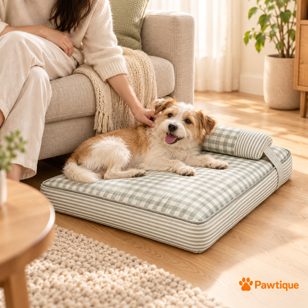 Small dog resting on the green gingham mattress beside its owner