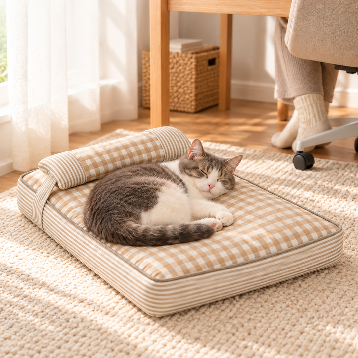 Cat resting on the Khaki gingham pet bed beside a window in a warm home setting