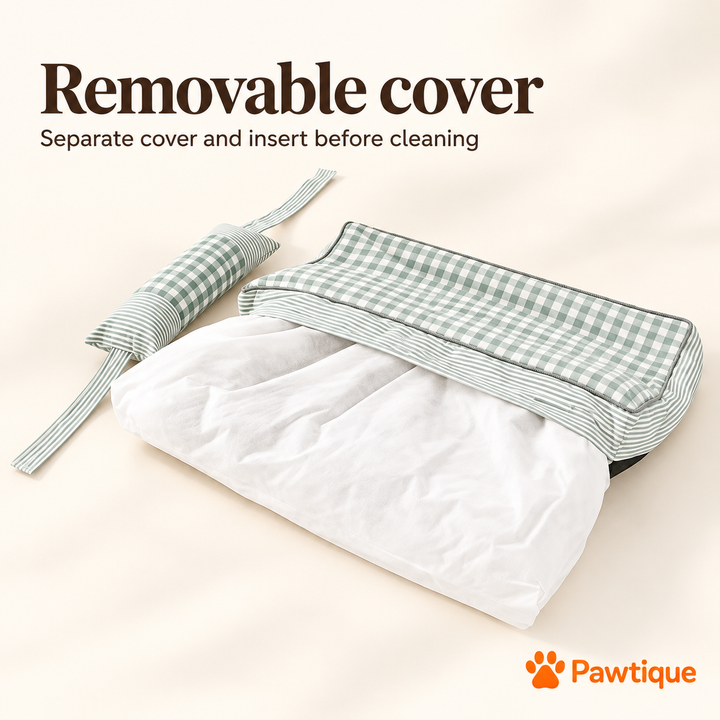 Green gingham mattress with outer cover partially removed to show the white insert