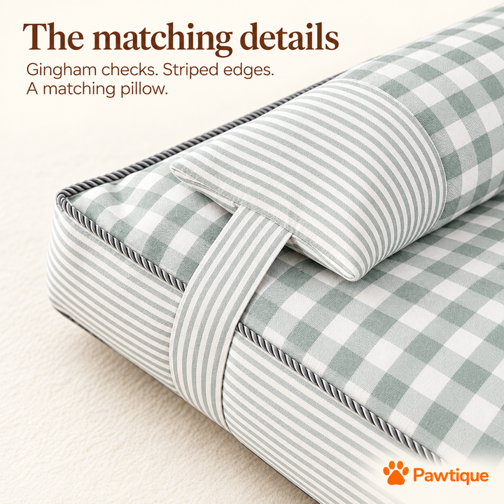Close-up of green gingham checks, striped pillow end and attachment band