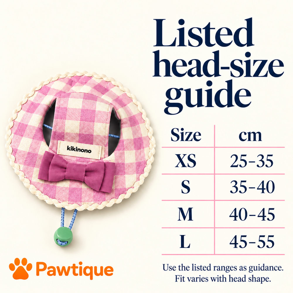 Listed head-size guide: XS 25–35 cm, S 35–40 cm, M 40–45 cm, L 45–55 cm