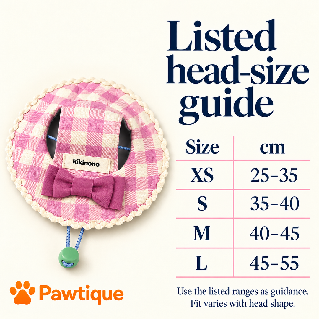 Listed head-size guide: XS 25–35 cm, S 35–40 cm, M 40–45 cm, L 45–55 cm