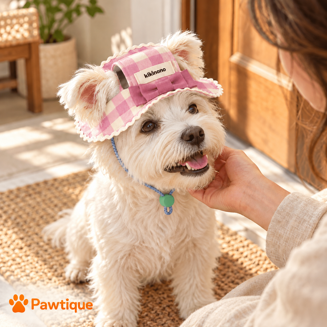 White dog wearing the gingham bow hat beside its owner