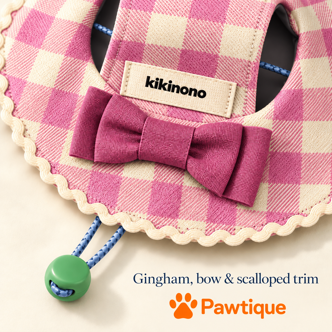 Pink-and-ivory gingham, mauve bow, wavy cream trim and original kikinono label
