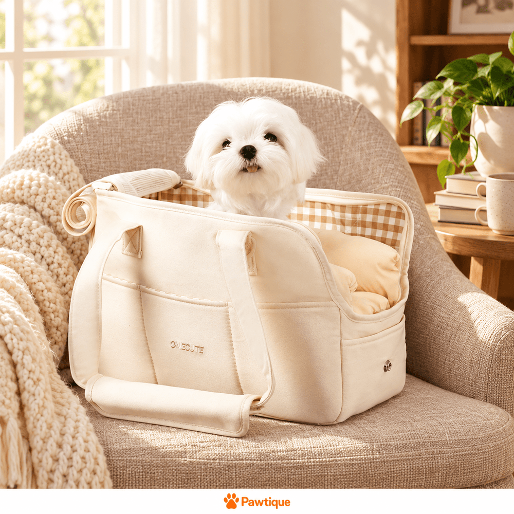 Beige carrier with a small dog and pillow insert on an armchair; package contents depend on the selected option
