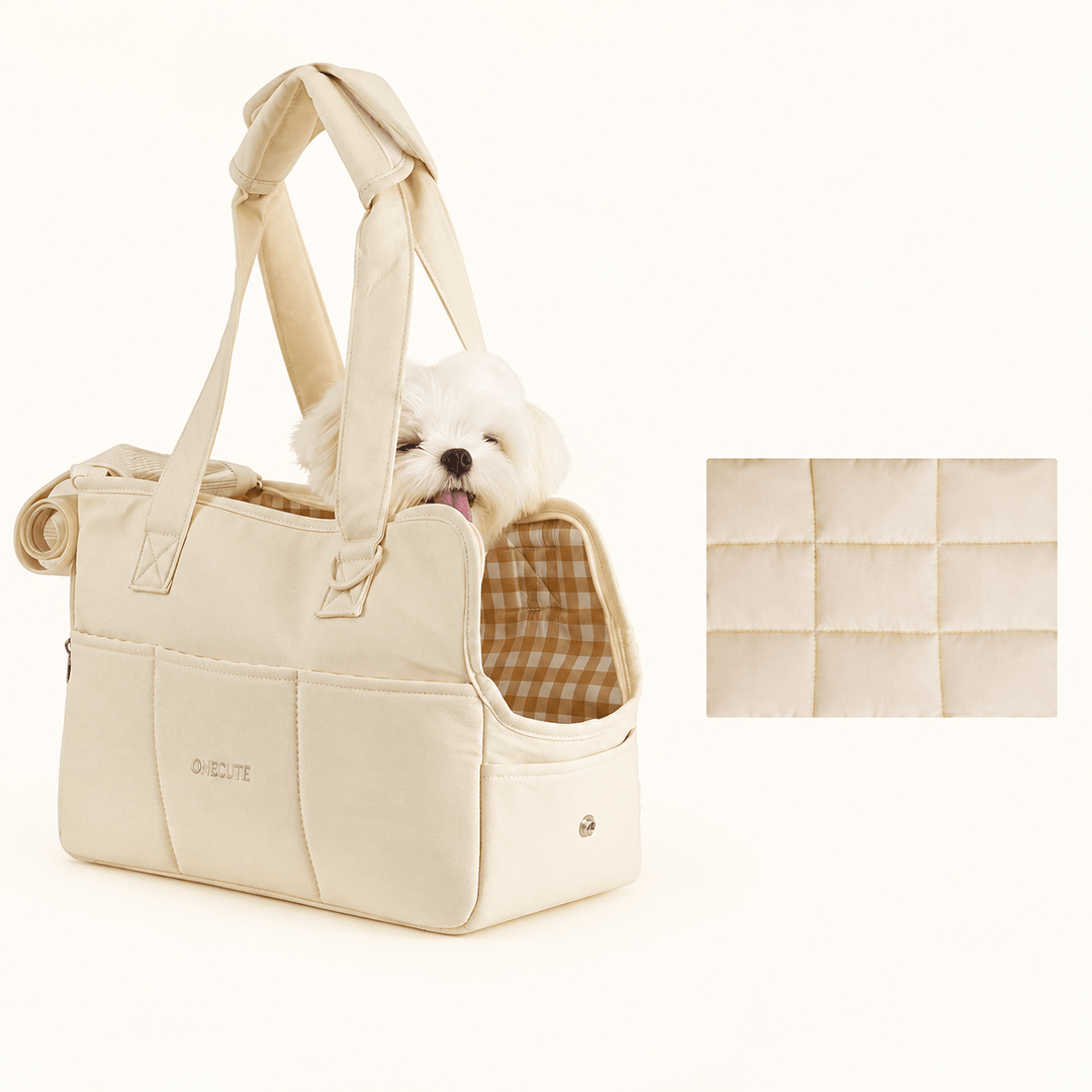 Beige Gingham Window Pet Carrier with ONECUTE embroidery and quilted mat detail, Bag + Mat package