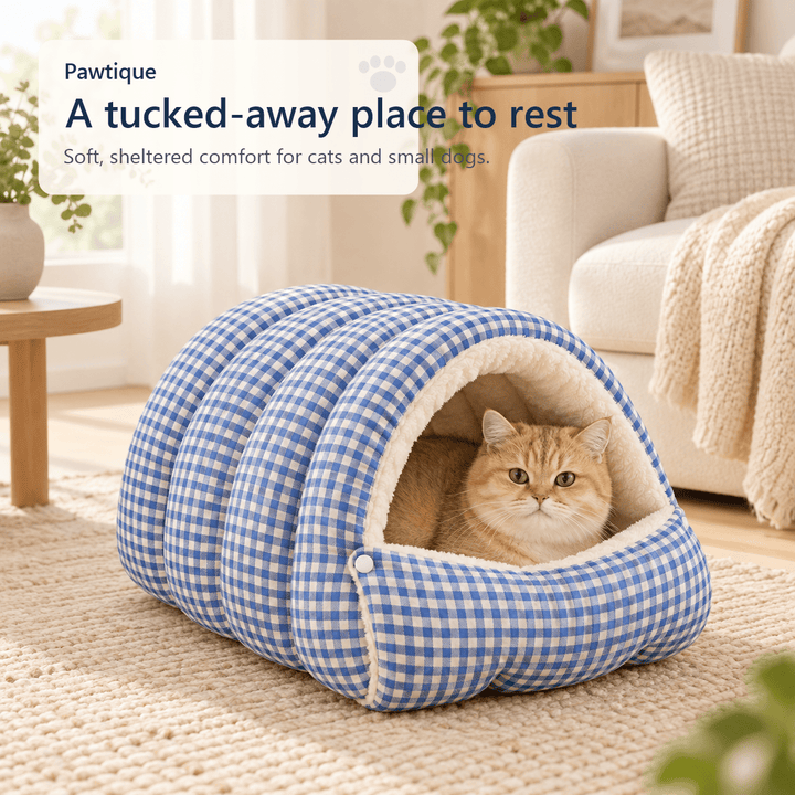 Pawtique GinghamHaven™ Semi-Enclosed Cave Pet Bed - Pawtique