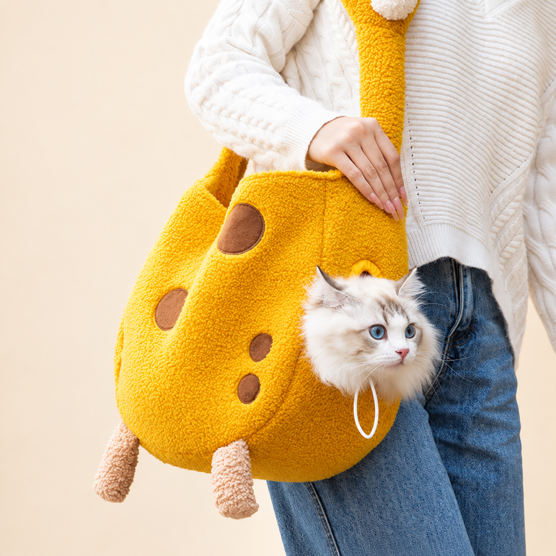Pawtique giraffe plush pet shoulder carrier in yellow, shown with original reference cat