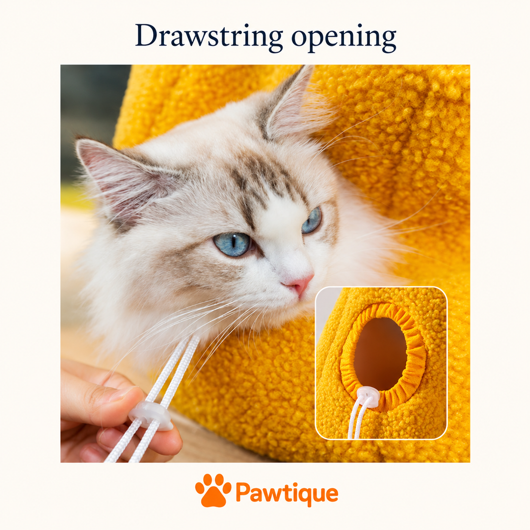 Drawstring head opening and cord toggle on yellow plush pet carrier