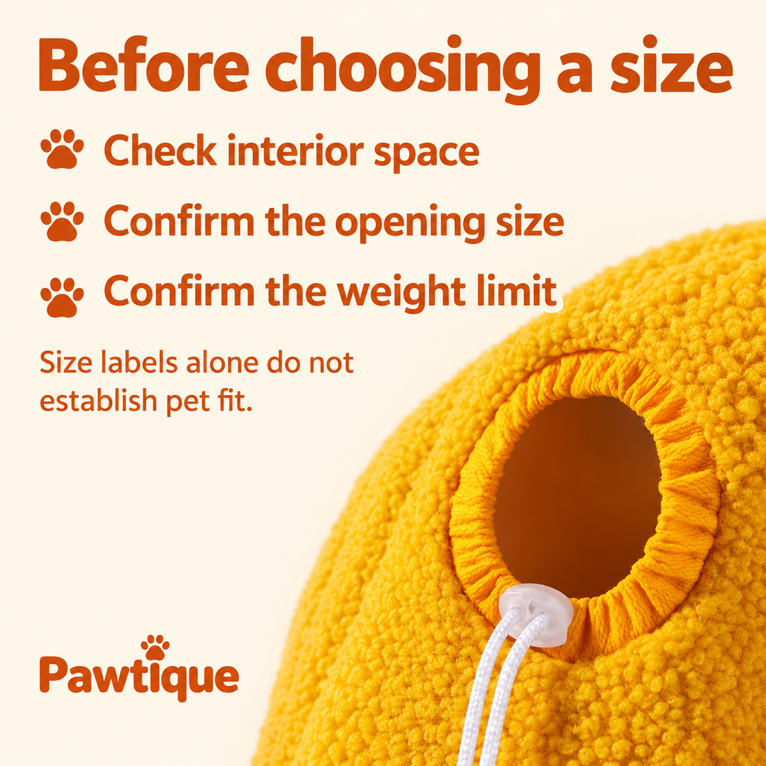 Before choosing a carrier size, confirm interior space, opening size and weight limit; pictured drawstring opening detail
