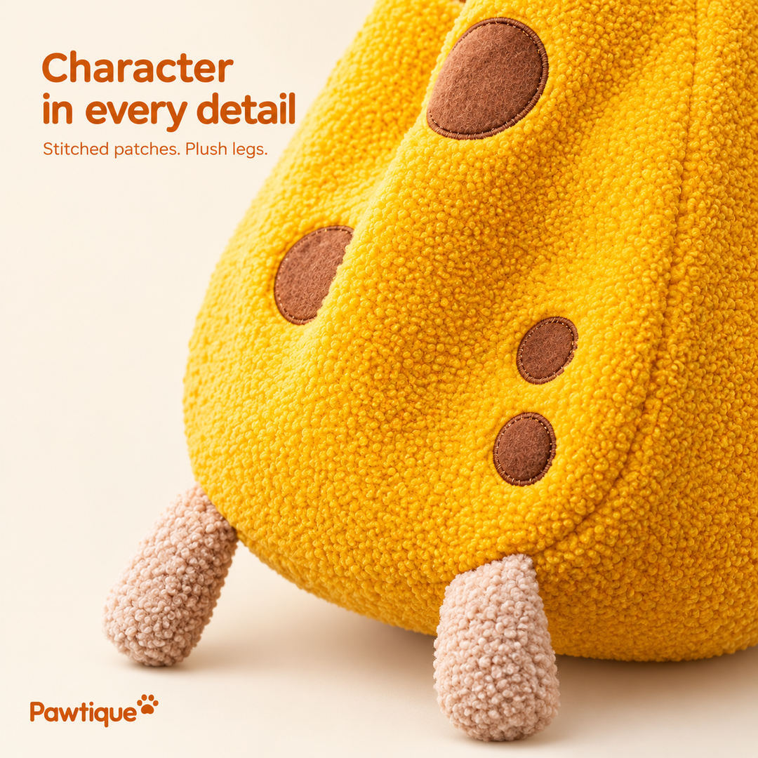 Four brown stitched patches and two tan plush legs on the yellow giraffe carrier exterior