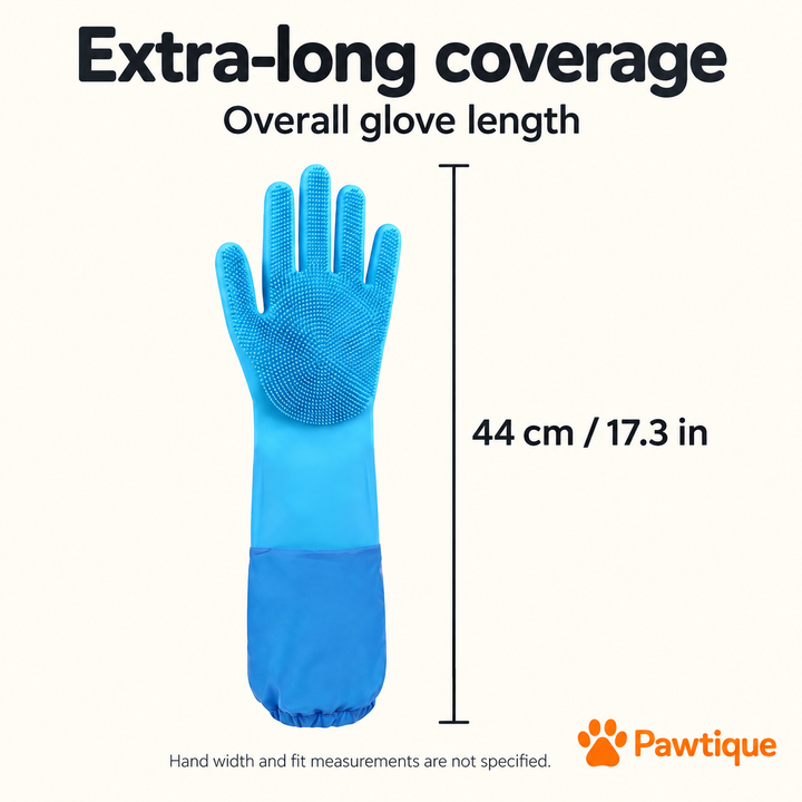 Bathing glove overall length 44 cm or 17.3 inches; hand width unspecified